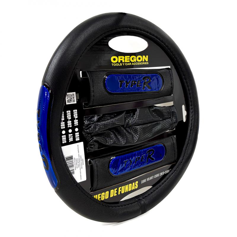 CUBRE VOLANTE 38MM + CUBRE CINTURON + CUBRE PALANCA COLOR: NEGRO + AZUL