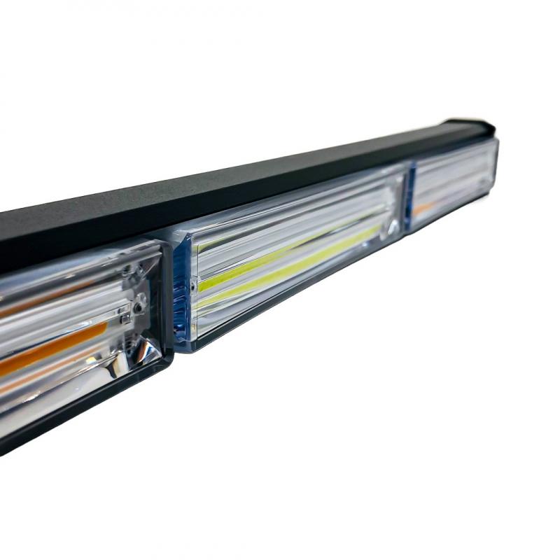 12-36V BLANCA Y AMBAR 8 BLOQUES COB 120W FLASH 10 FUNCIONES 1200X40X45MM INCLUYE TOMA A 12V CON INTERRUPTOR ON / OFF Y MANEJO DE FUNCIONES DESTELLANTES